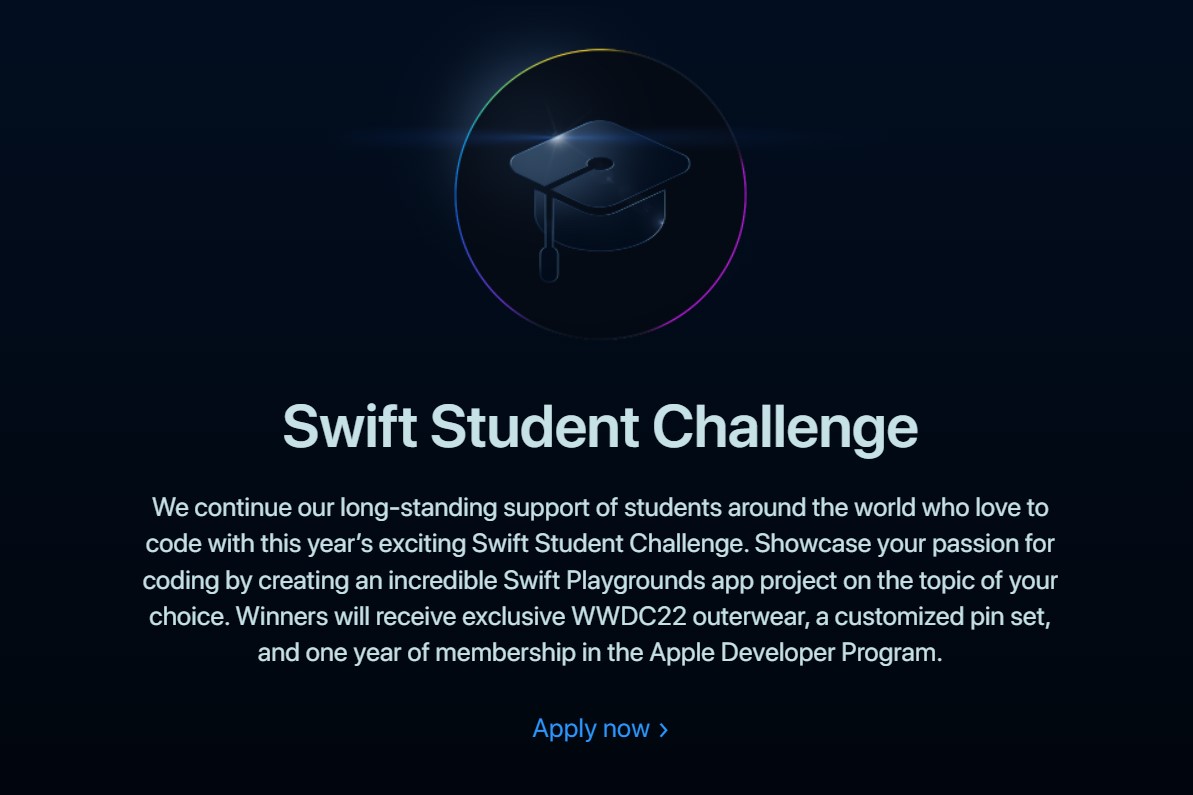 蘋果也將舉辦第三年的Swift Student Challenge，支持熱愛程式編碼的學生。 圖：翻攝自蘋果官網