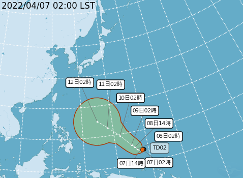 關島南南東方的熱帶性低氣壓，最快將在今日成颱。 圖：中央氣象局／提供