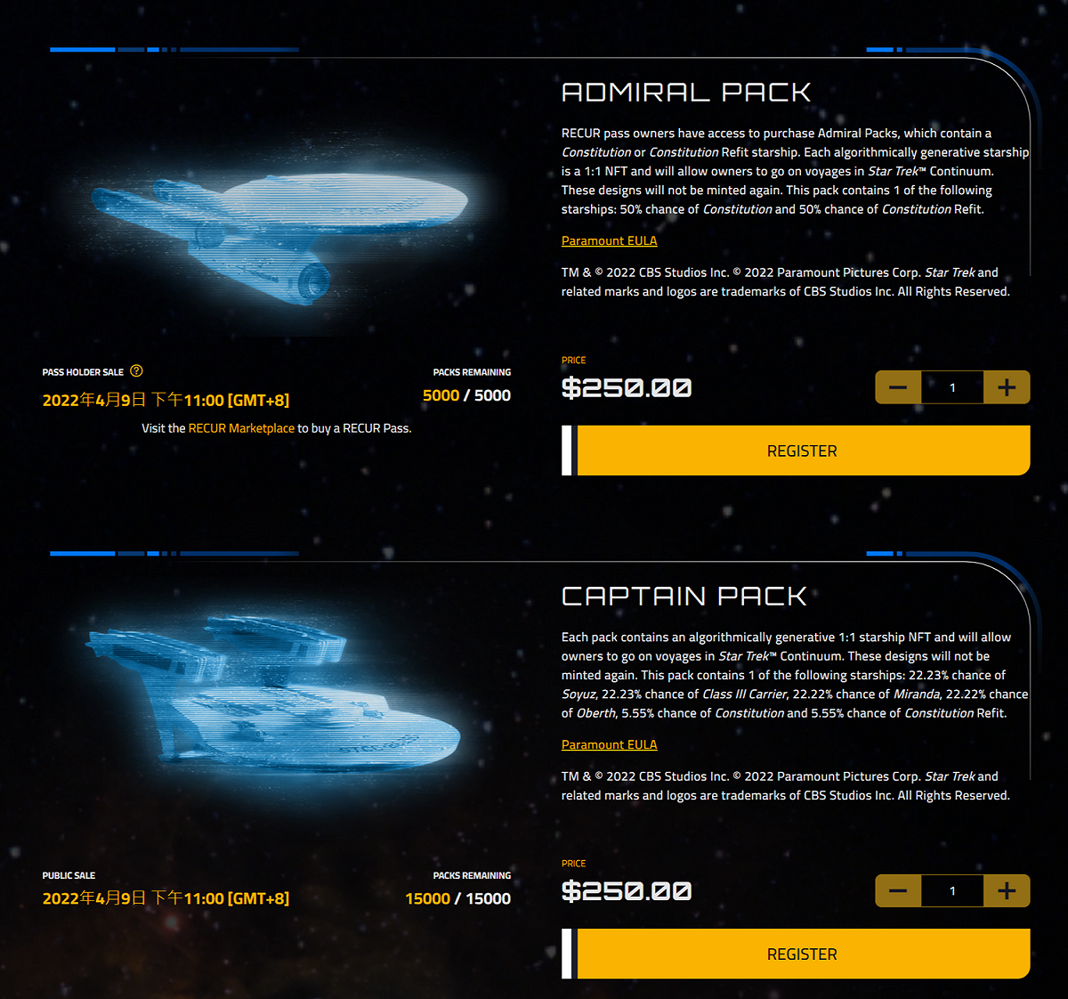 目前網站有兩款NFT飛船可購入，分別是「海軍上將包」（Admiral pack）和「船長包」（Captain pack）。每包250美元(約7200台幣)。 圖：翻攝自Paramount.xyz