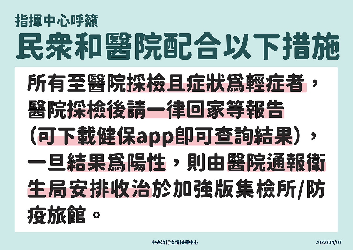 指揮中心要求民眾至醫院採檢且為輕症者一律回家等報告。 圖：中央流行疫情指揮中心／提供