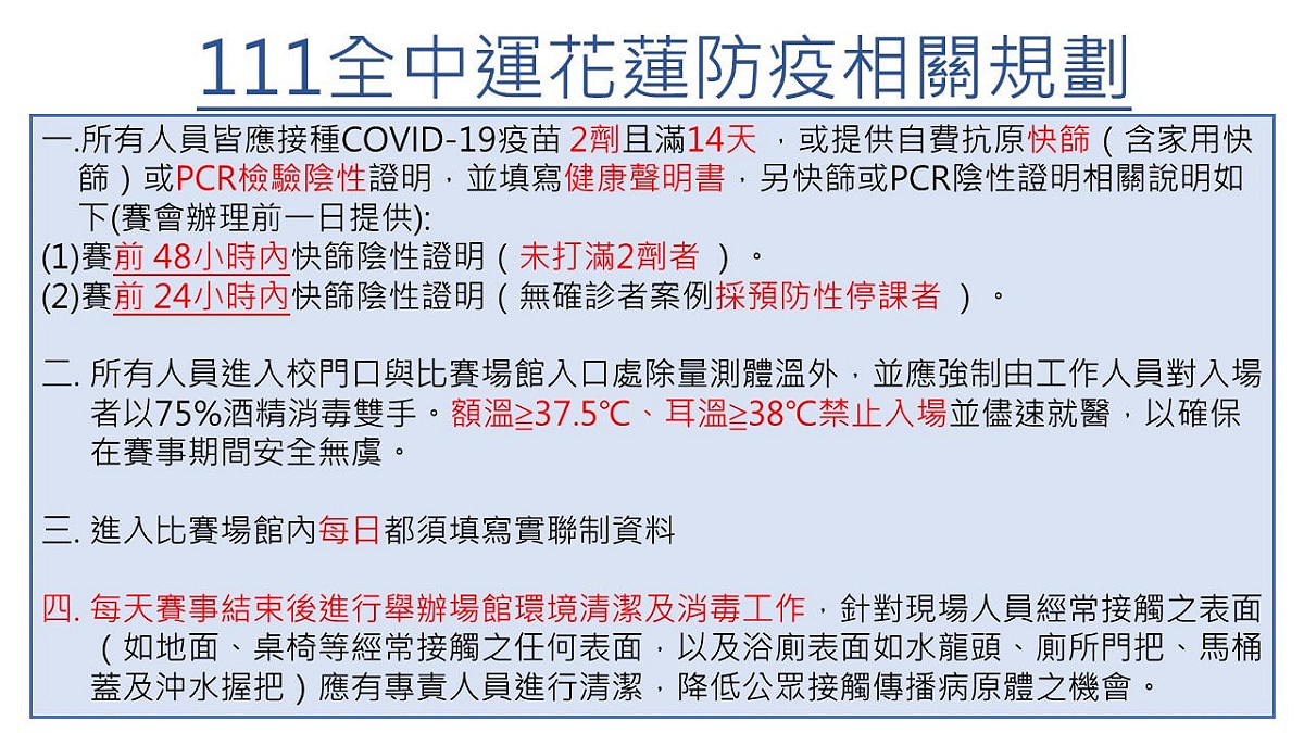 全中運花蓮防疫相關規劃。 圖：取自花蓮縣政府臉書