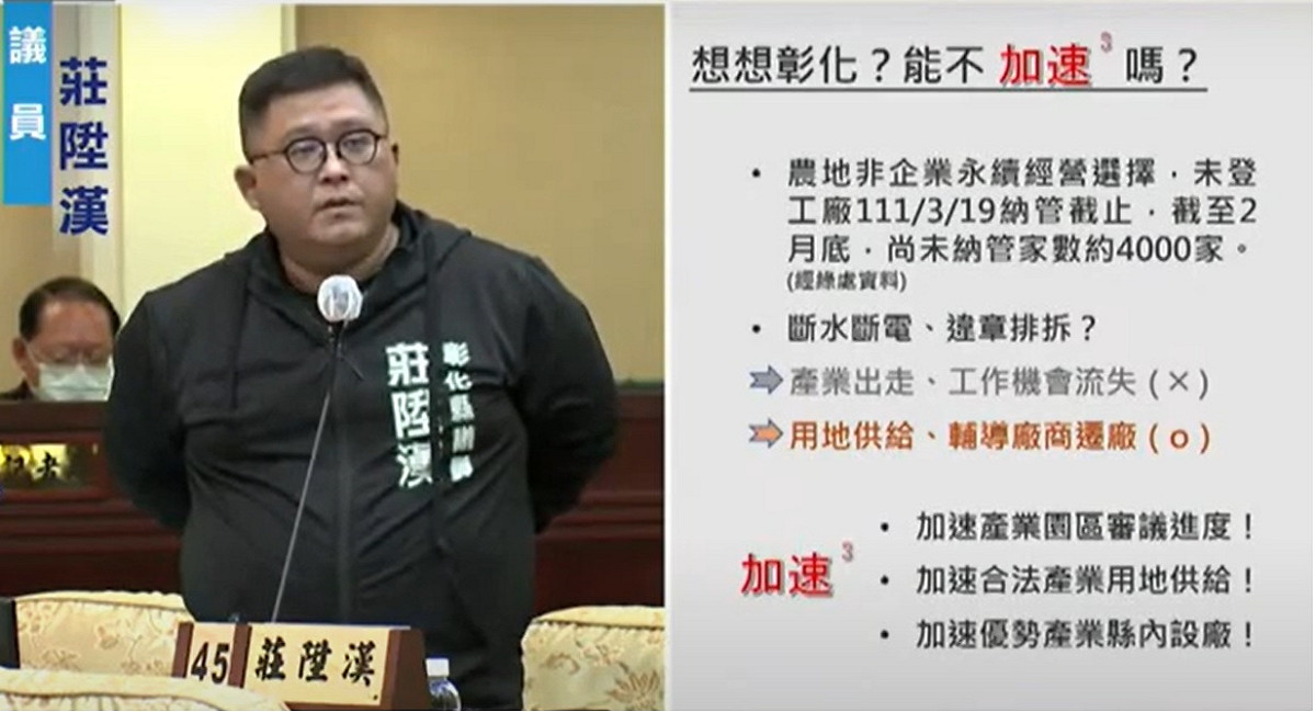 民進黨籍彰化縣議員莊陞漢要求縣府應該加速產業園區審查進度。彰化縣議會／提供 彰化縣議會/提供
