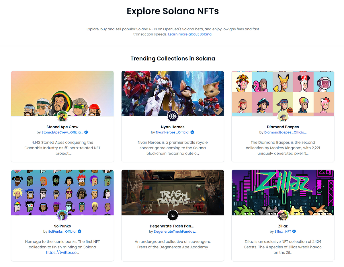 OpenSea表示，現階段支援165種Solana NFT，許多高人氣的NFT都已上架OpenSea。 圖：翻攝自Solana beta測試版官網