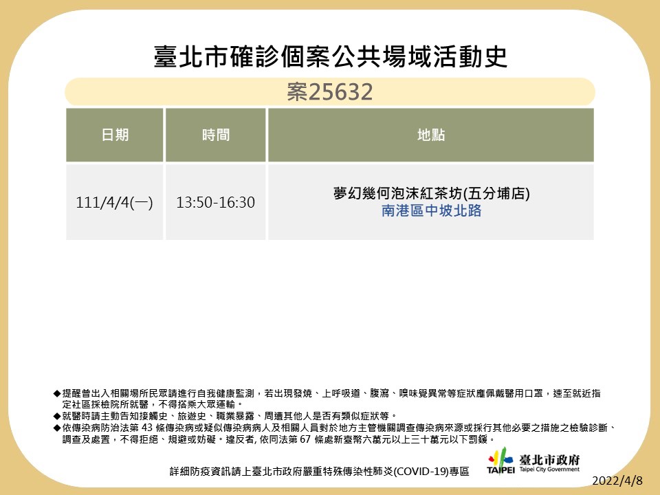台北市衛生局公布最新足跡。 圖：台北市政府 / 提供