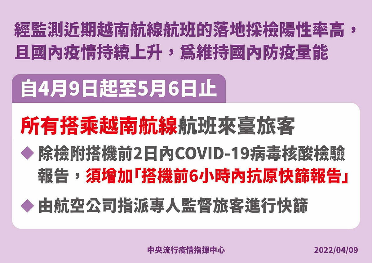 中央流行疫情指揮中心宣布，即日起所有越南航班須提供搭機前6小時內抗原快篩報告。 圖：中央流行疫情指揮中心／提供