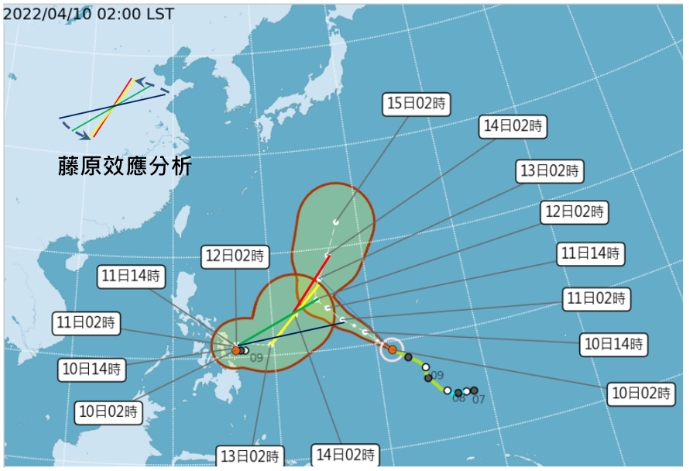 菲律賓東方近海另一熱帶低壓，明將發展為第二號颱風梅姬，與馬勒卡颱風產生「雙颱(藤原)效應」、有逆時鐘互繞現象。 圖/「三立準氣象· 老大洩天機」專欄