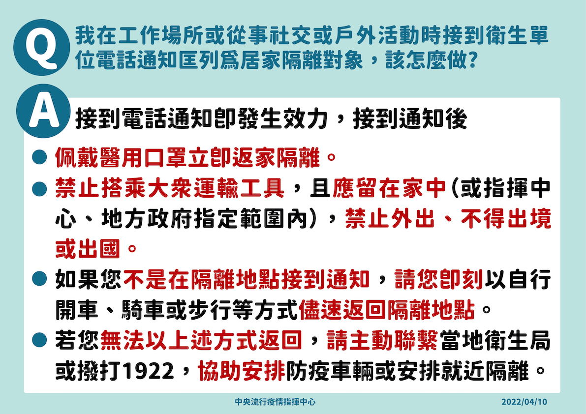 被通知隔離匡列後，民眾應該知道的幾大事項：包括何時生效？該做哪些策施與相關禁止事項。 圖：中央流行疫情指揮中心/提供