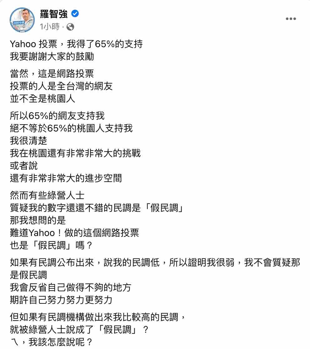 針對Yahoo一項民調，羅智強於臉書發文做回應。 圖： 截圖自羅智強臉書