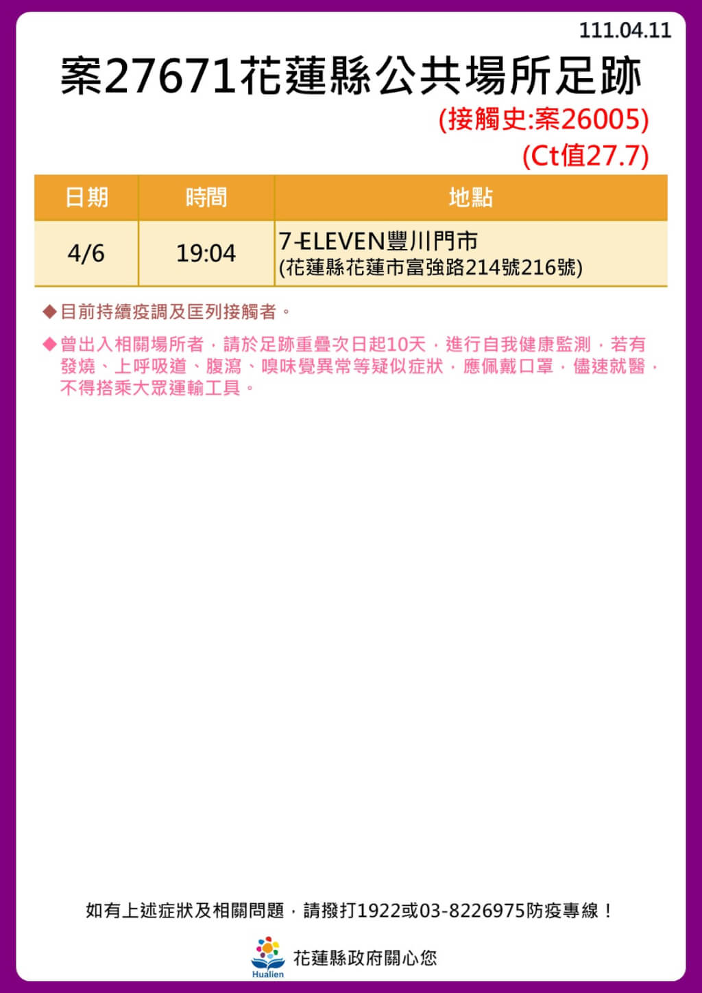 花蓮縣政府公布確診個案公共場所足跡。 圖：花蓮縣政府提供