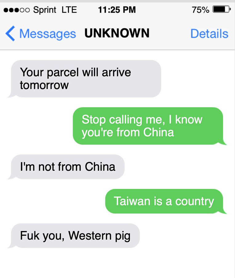 推特帳號po出教戰守則，內容是中國的客服否認自己是從中國來，而版主只講了一句「Taiwan is a country」，立馬讓該客服變成五毛。 圖：翻攝自Say No To Sino推特