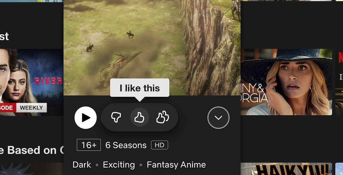 Netflix在2017年取消原先的5星評分制，改以讚或爛作為評分機制。現在新增「Two Thumbs Up」的按鍵。 圖：截自Netflix