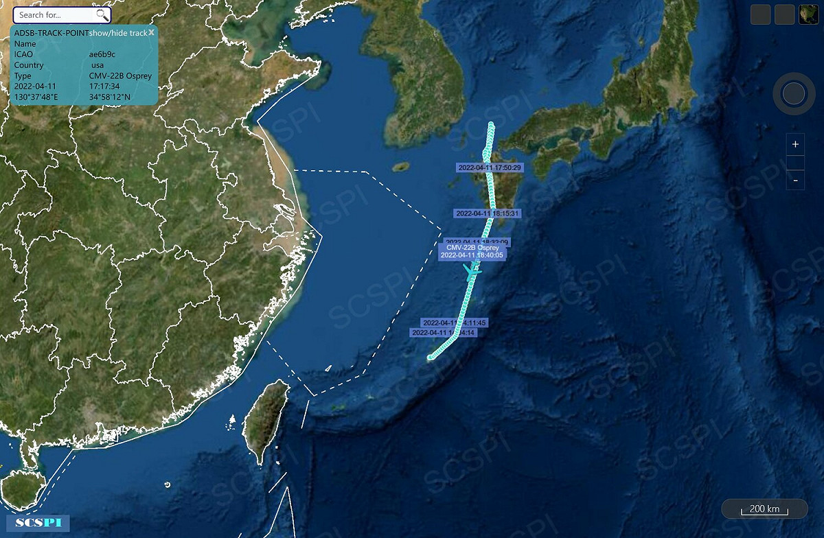 中國智庫「南海戰略態勢感知計劃」依CMV-22B「魚鷹」旋翼機飛行軌跡研判，CVN-72在11日下午經對馬海峽進入朝鮮半島東部海域。 圖：翻攝SCS Probing Initiative推特