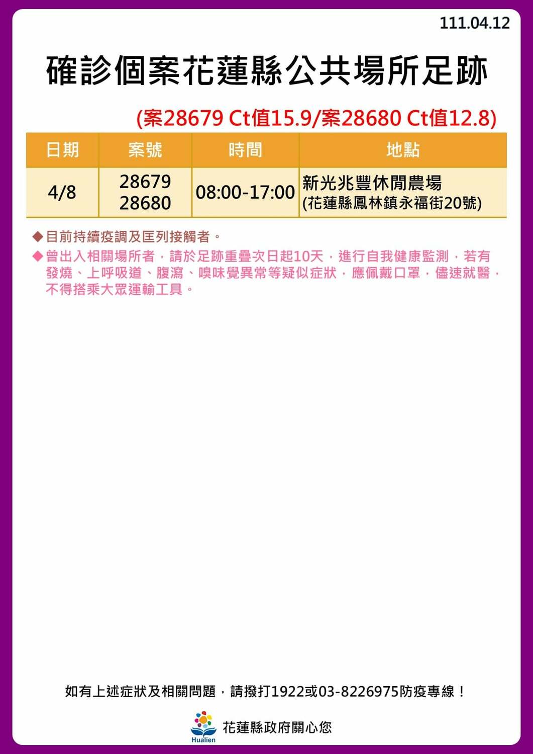 花蓮縣政府公布公共場所足跡。 圖：取自花蓮縣政府臉書