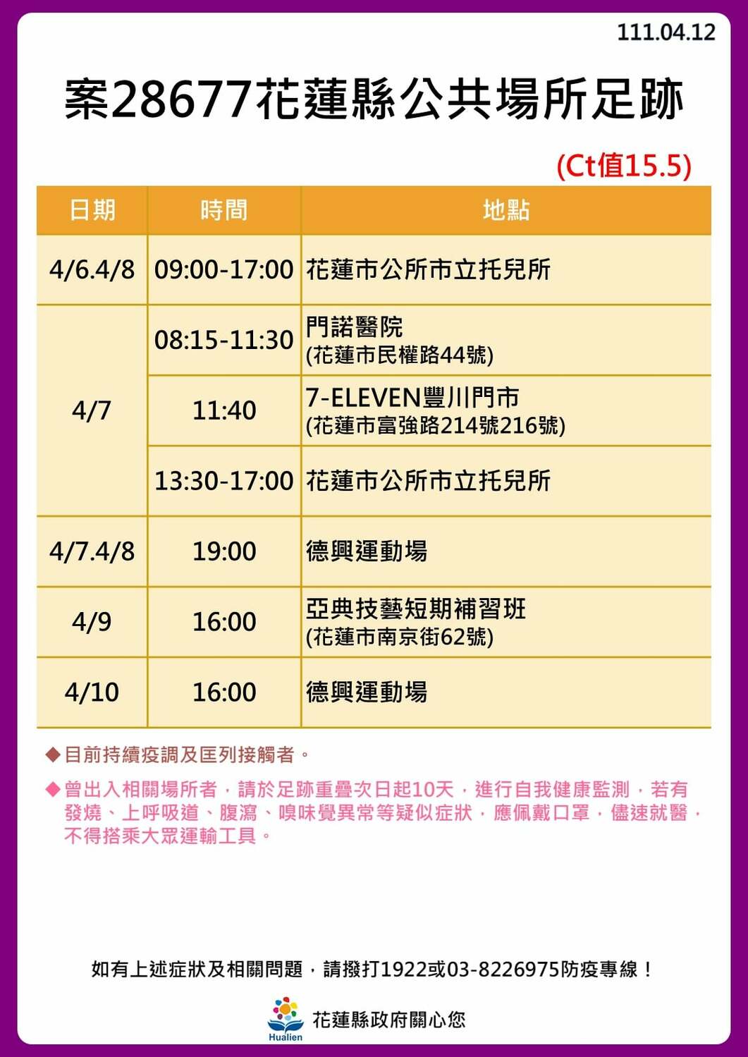 花蓮縣政府公布公共場所足跡。 圖：取自花蓮縣政府臉書