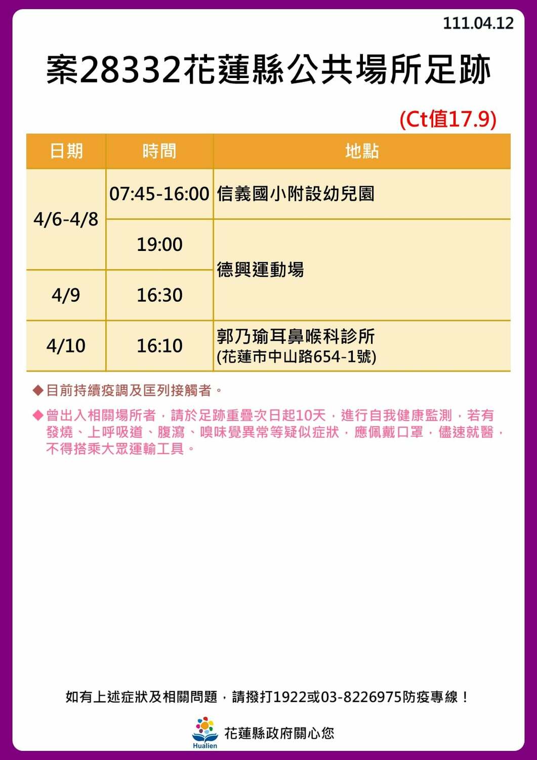 花蓮縣政府公布公共場所足跡。 圖：取自花蓮縣政府臉書