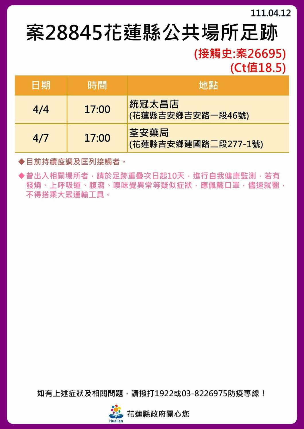花蓮縣政府公布公共場所足跡。 圖：取自花蓮縣政府臉書