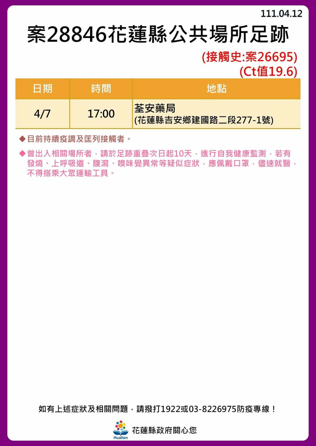 花蓮縣政府公布公共場所足跡。 圖：取自花蓮縣政府臉書