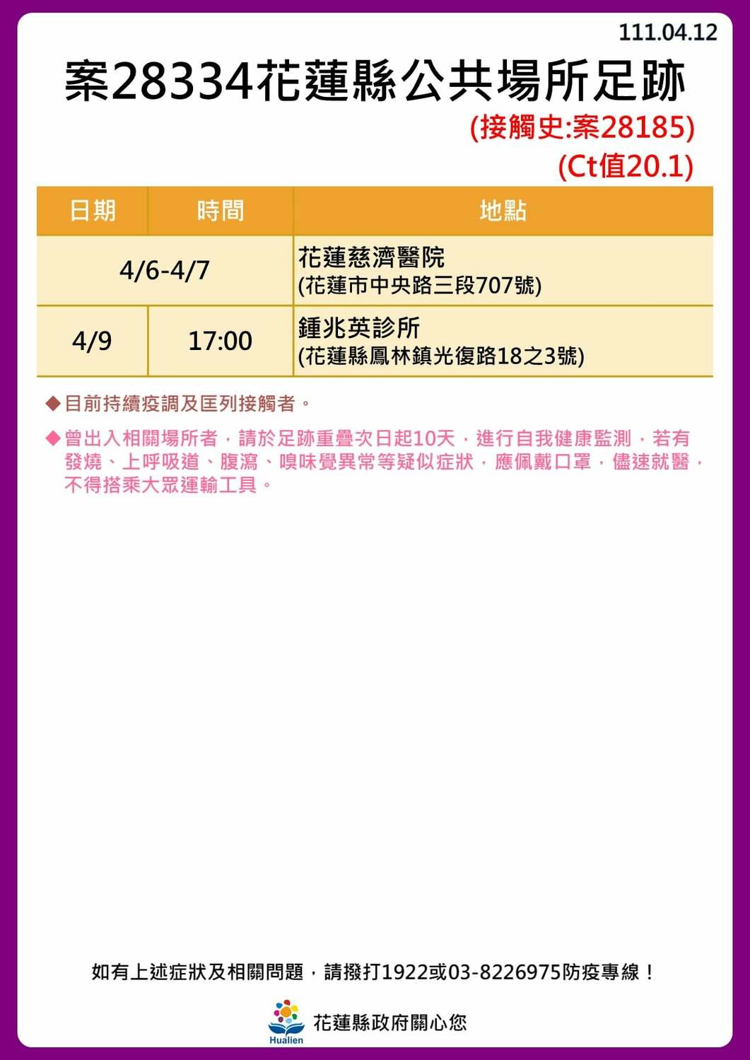 花蓮縣政府公布公共場所足跡。 圖：取自花蓮縣政府臉書