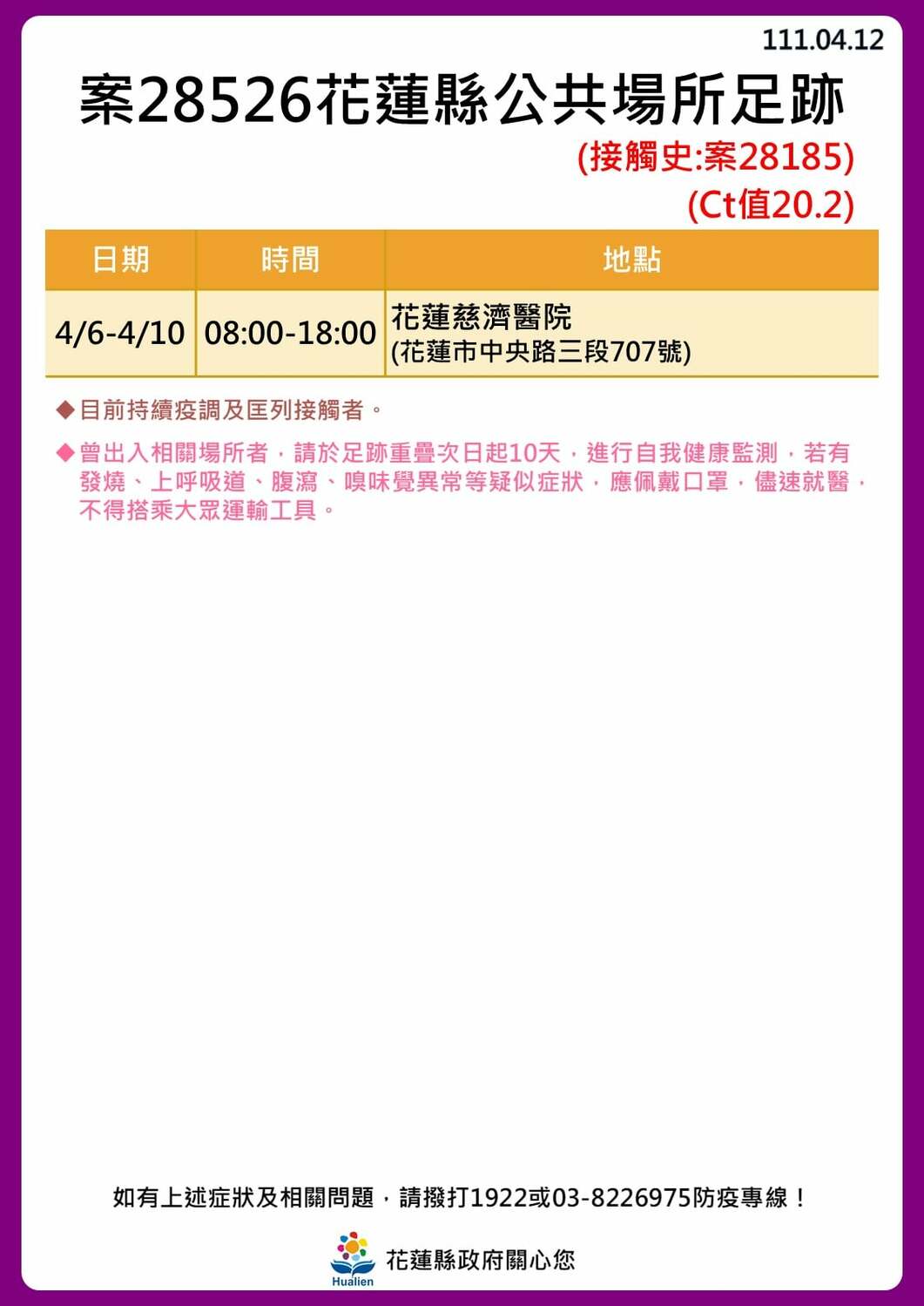 花蓮縣政府公布公共場所足跡。 圖：取自花蓮縣政府臉書