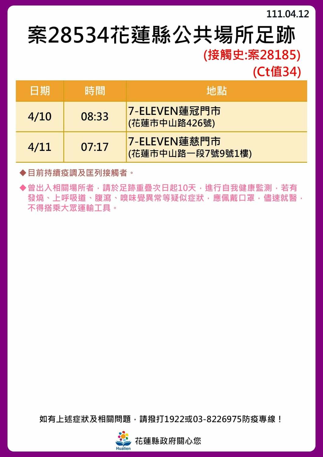 花蓮縣政府公布公共場所足跡。 圖：取自花蓮縣政府臉書