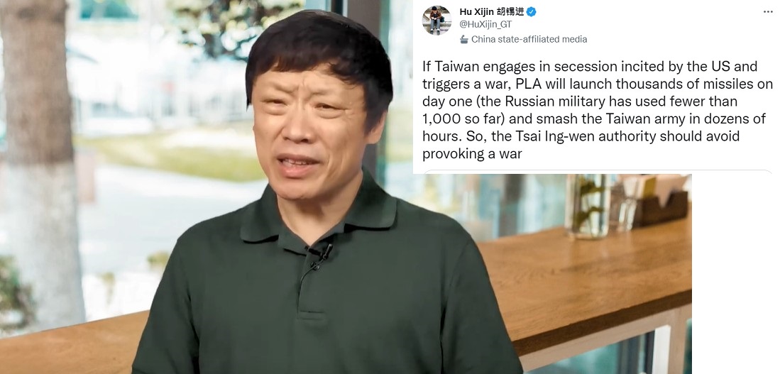 中國官媒評論員胡錫進在推特「恐嚇」蔡英文（小圖），稱如果台灣進行分裂並引發戰爭，解放軍將在第一天發射數千枚導彈，並在數十小時內粉碎台軍。 圖：翻攝自胡錫進微博/新頭殼合成