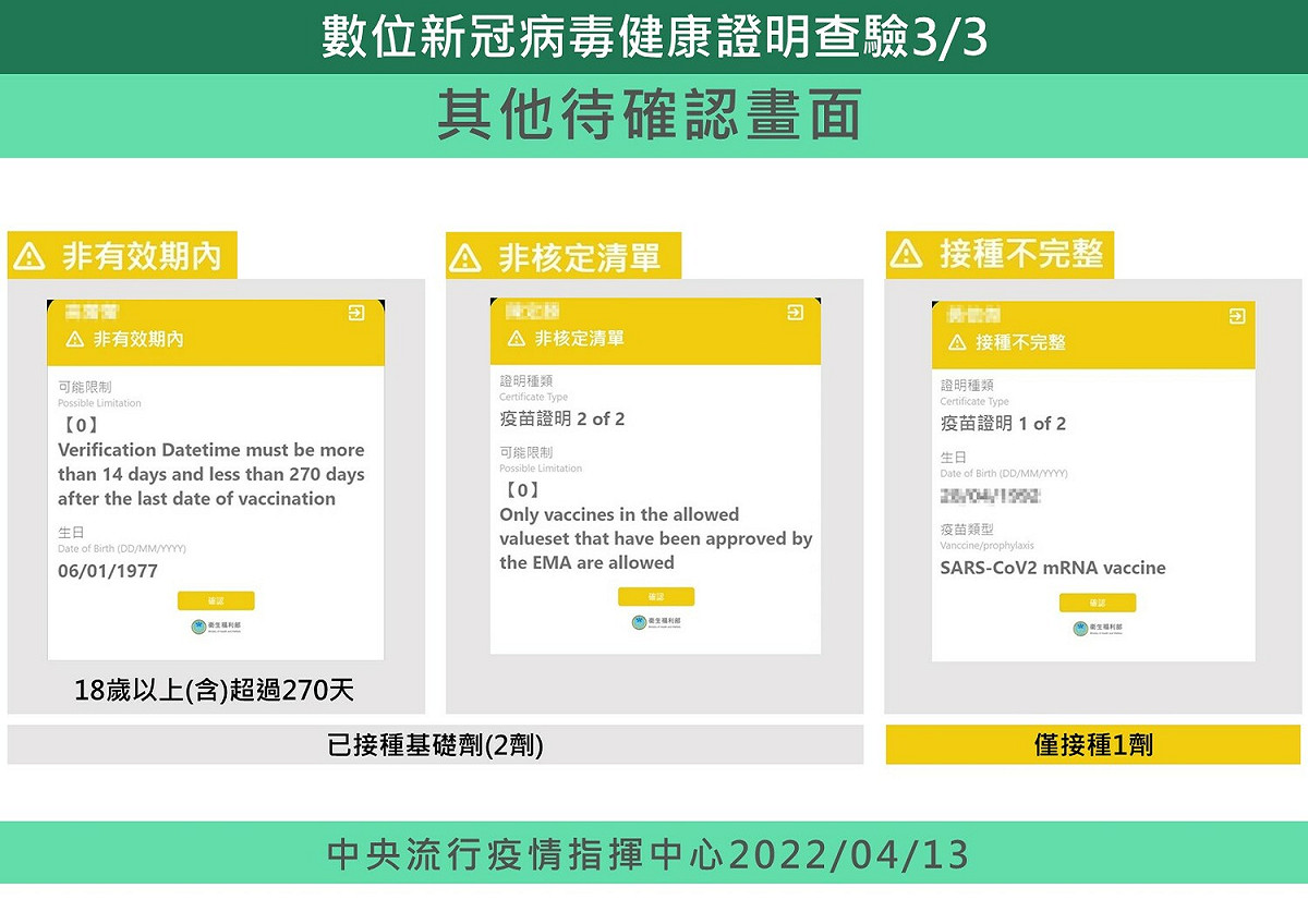 數位健康證明其他待確認畫面，若是非有效期內，或施打非歐盟認證的疫苗，或是接種不完整的都會出現待確認畫面。 圖：中央流行疫情指揮中心/提供