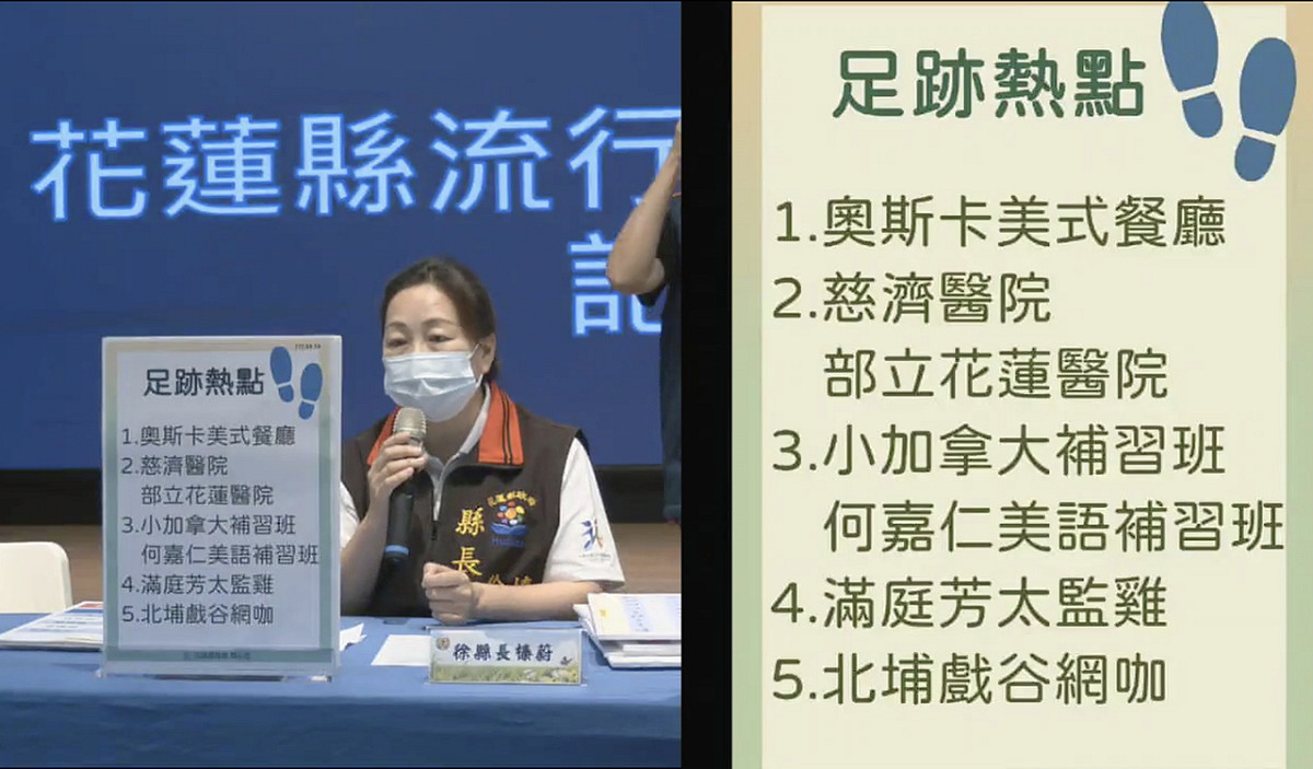 花蓮縣政府公布足跡熱點。 圖：翻攝自花蓮縣政府 臉書直播