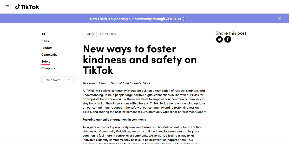 TikTok表示，這個按鈕是提供用戶標記垃圾訊息或惡意留言的一種評論方式，但倒讚按鈕並不被視為檢舉留言的一種方式，用戶應該使用騷擾、仇恨言論、欺凌等檢舉標準程序。 圖：翻攝自TikTok 官網