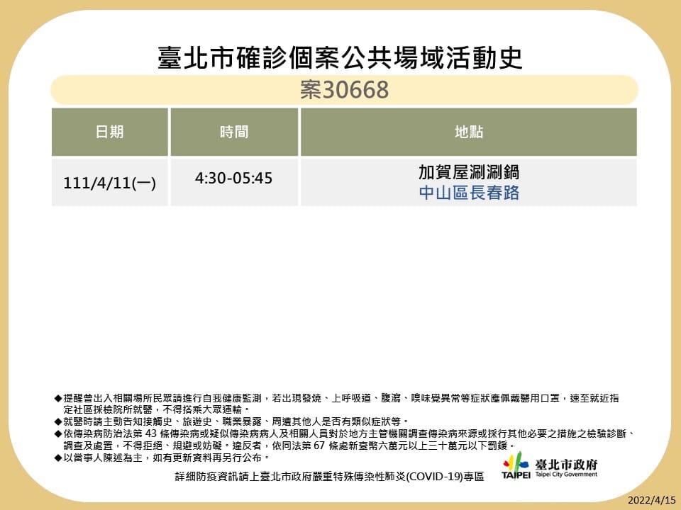 台北市公布最新疫調足跡。 圖：台北市政府 / 提供