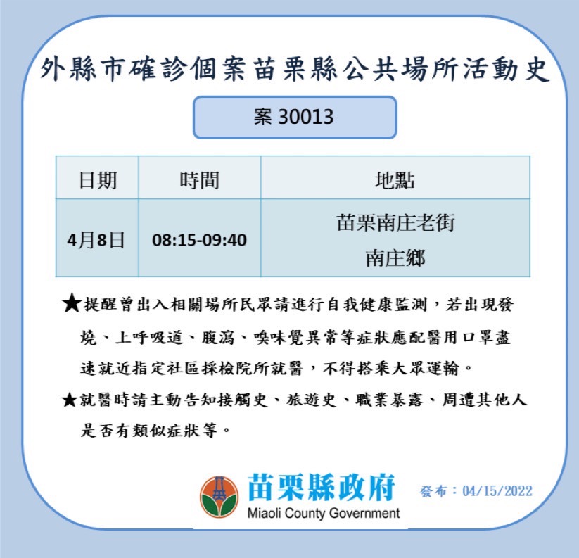苗栗今+16，苗栗知名景點男庄老街入列確診者足跡。 圖：苗栗縣衛生局提供