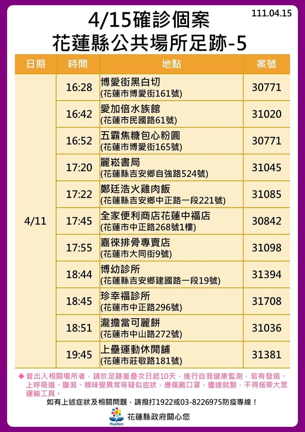 花蓮縣確診個案足跡。 圖：取自徐榛蔚臉書