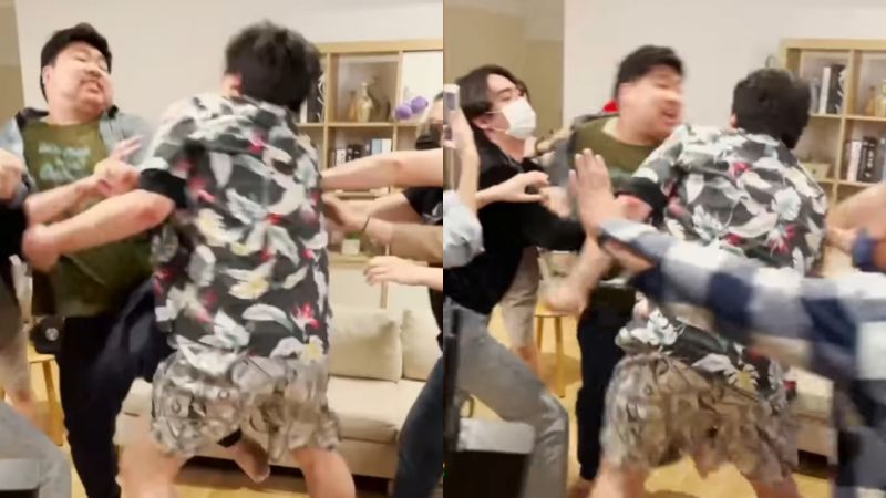 ▲統神和親哥哥國動驚傳互毆，工作人員都拉不動，讓網友們酸說「頭一次看人打架，是用肚子頂的」。（圖／翻攝國動臉書）