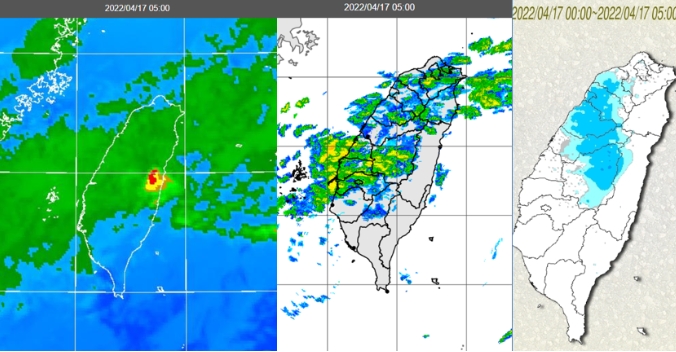 17日5時紅外線色調強化雲圖顯示，台灣海峽有中層雲移入(左)；5時雷達回波合成圖顯示，伴隨弱回波(中)；5時累積雨量圖顯示，中部以北有局部短暫雨(右)。 圖/「三立準氣象．老大洩天機」專欄