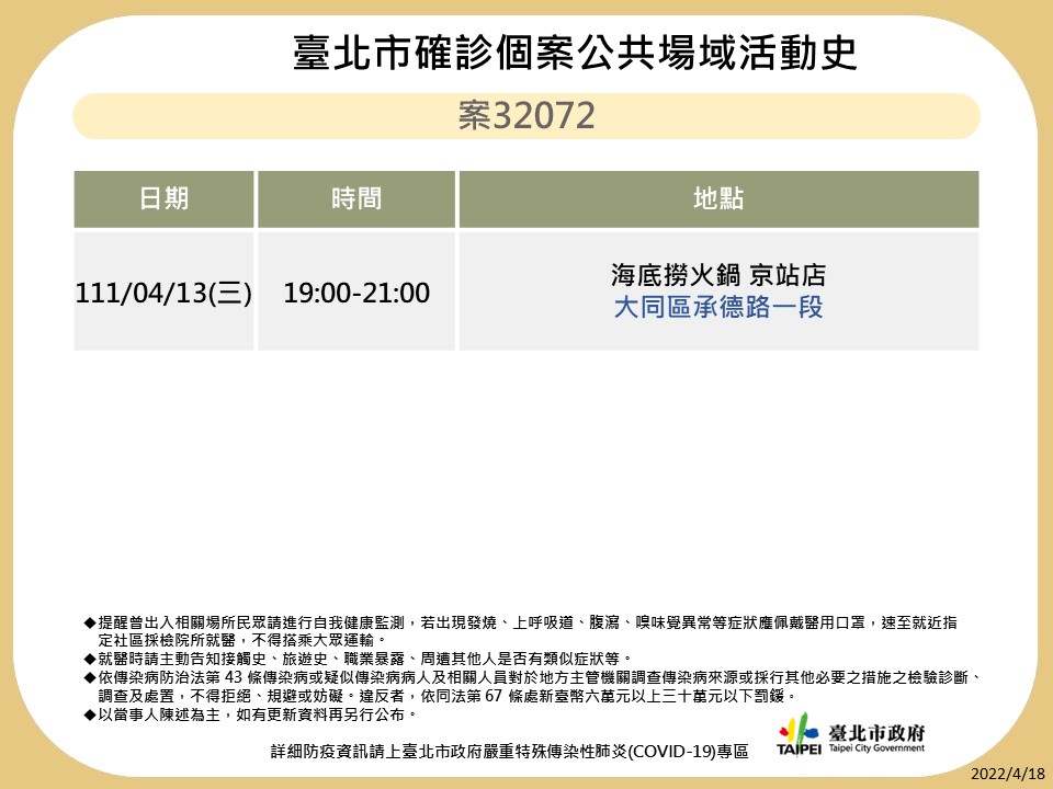 台北市公布最新疫調足跡。 圖：台北市政府 / 提供