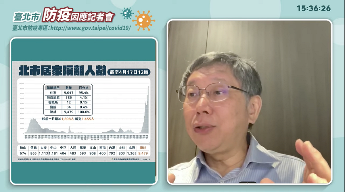 台北市長柯文哲今視訊召開疫情記者會。 圖：台北市政府 / 提供
