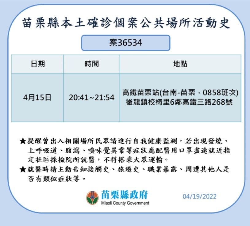 苗栗縣確診個案活動史。 圖：取自徐耀昌臉書