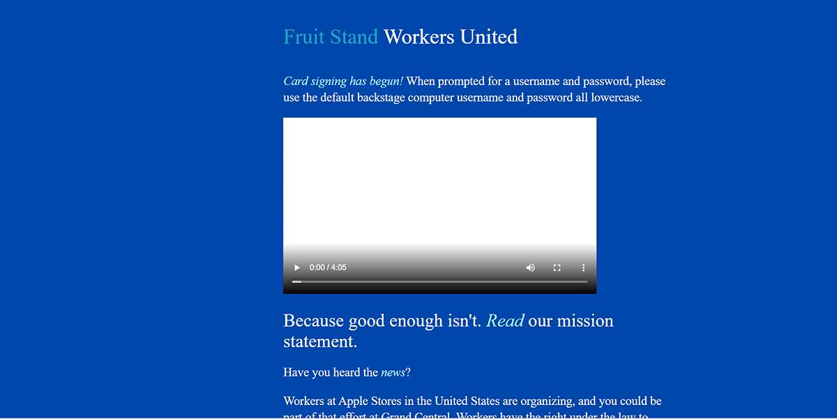 Fruit Stand Workers United在網站上表示，除了要求每小時至少獲得30美元(約879台幣)的時薪，也積極爭取各項福利。 圖：翻攝自Fruit Stand Workers United官網