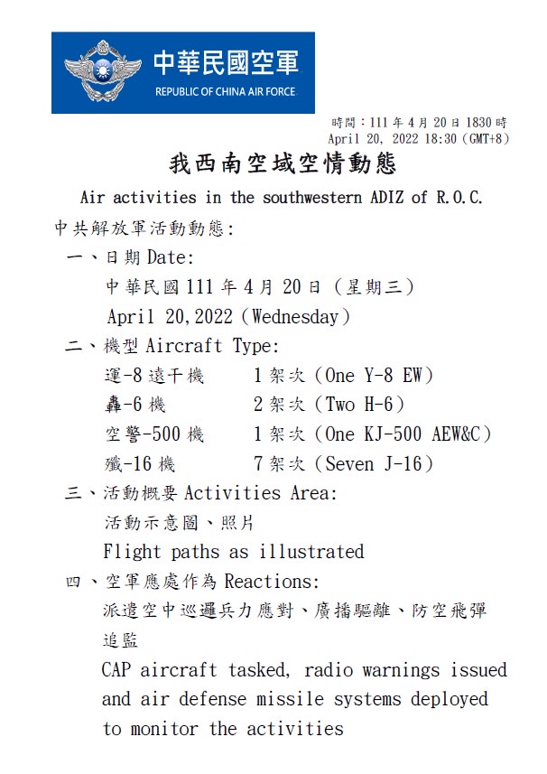 中華民國西南空域空情動態報告。 圖：翻攝自中華民國國防部