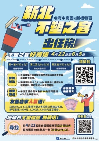 環保局也推出「新北不速之客出任務」活動，邀請民眾自備環保杯到指定店家消費除可享好康外還可以參加抽獎。