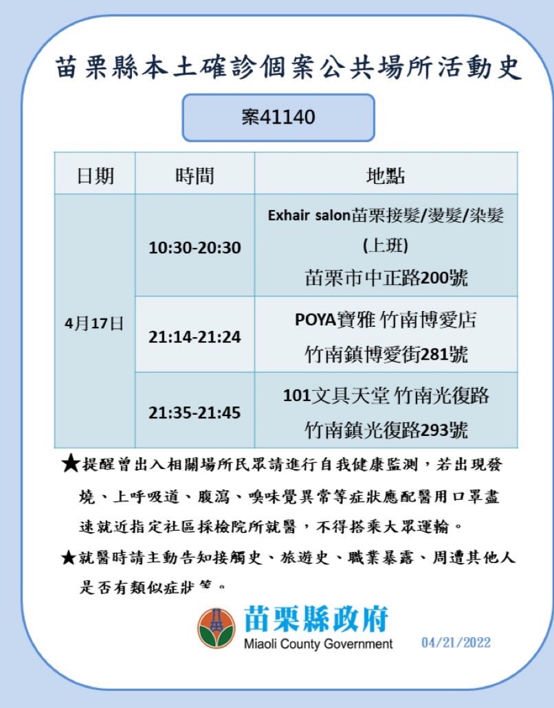 苗栗縣確診個案公共場所活動史。 圖：苗栗縣政府提供