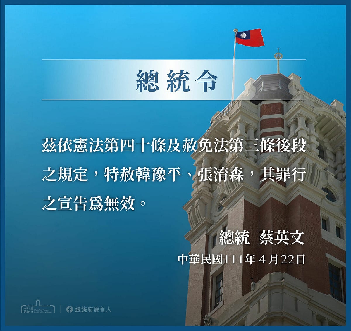 蔡英文總統今（22）日依據憲法第40條及赦免法第3條後段規定，批示同意特赦前國軍少將韓豫平及士官張淯森，使兩人罪刑的宣告均無效。 圖：擷自總統府發言人臉書