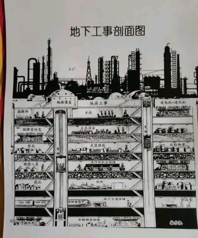 中國網友瘋傳亞速鋼鐵廠地下工事剖面圖。 圖：翻攝陸網