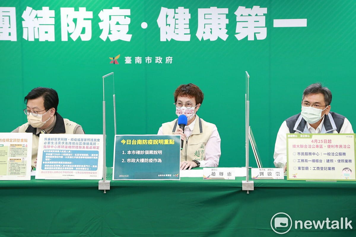 台南市政府舉行線上防疫記者會，副市長趙卿惠表示，台南市新增71例，有一些舊的傳播鏈，目前看起來是屬於收斂的狀態。民眾關心快篩劑領取不易，係因目前中央大量徵用，導致在市面上比較不容易買到，預計4月底到5月初應該就可買到，價格也會下降。 圖：台南市政府提供