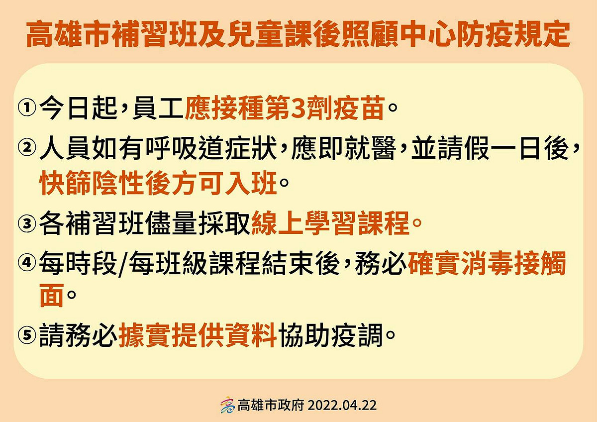 高雄市補習班及兒童課後照顧中心防疫規定。 圖：翻攝自陳其邁臉書