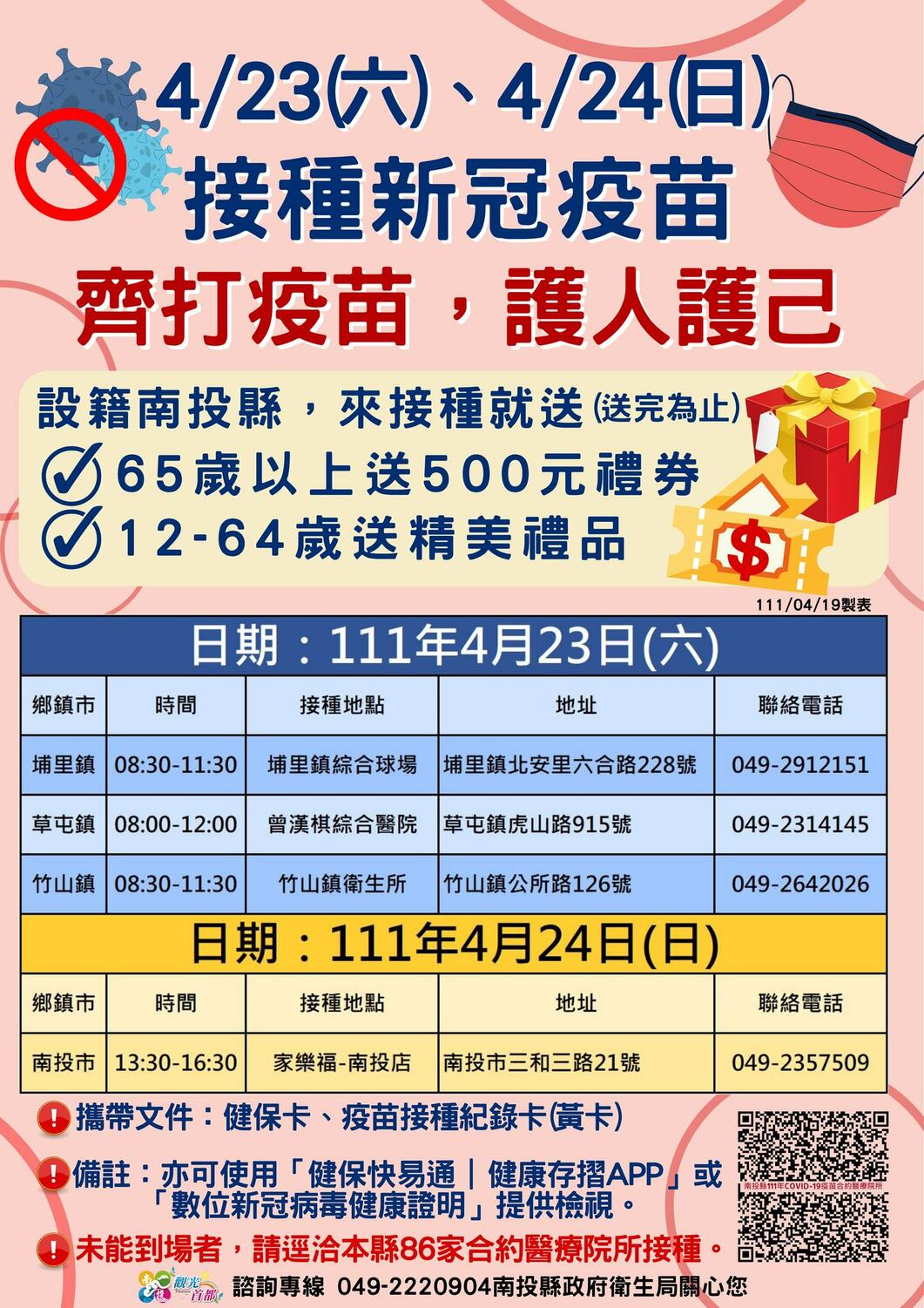 南投縣府公布疫苗接種站資訊。 圖:南投縣政府提供