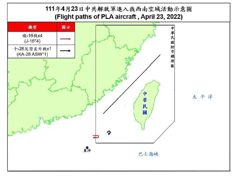 中國５架次軍機擾我西南空域。 圖:國防部提供