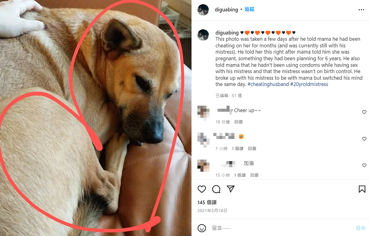 老婆疑似用愛犬的口吻，控訴Leo王在她懷孕期間坦承出軌。 圖：翻攝自IG/diguabing