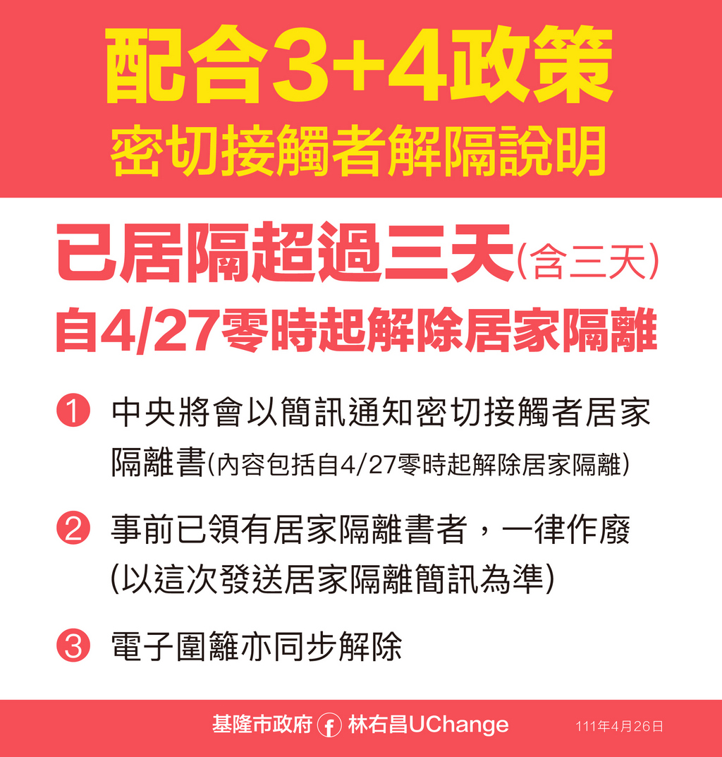 配合中央「居隔3＋4」政策，密切接觸者解隔說明。 圖：基隆市政府提供