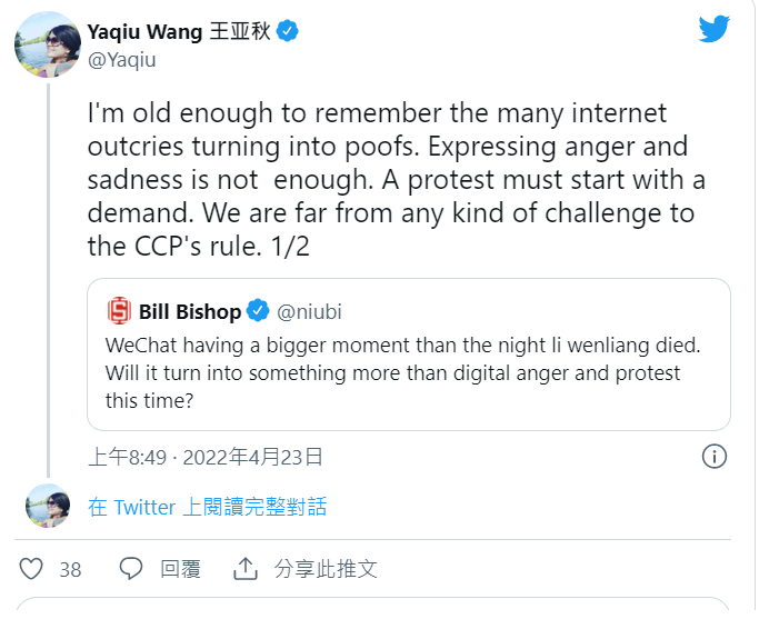 人權觀察中國部高級研究員王亞秋也認位網路抗議力量不夠，要先從訴求開始。 圖：翻攝自