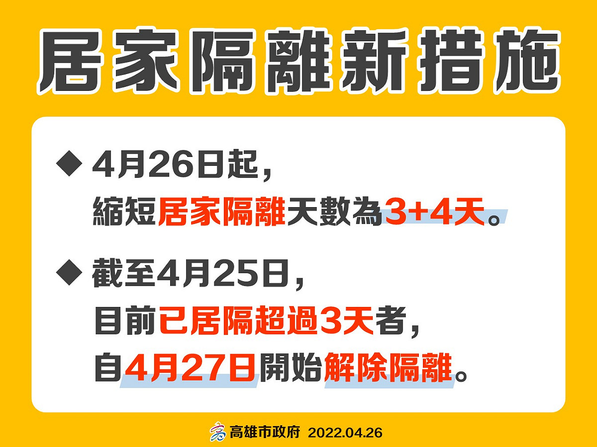 高雄市公布居隔新措施。 圖：高雄市衛生局提供
